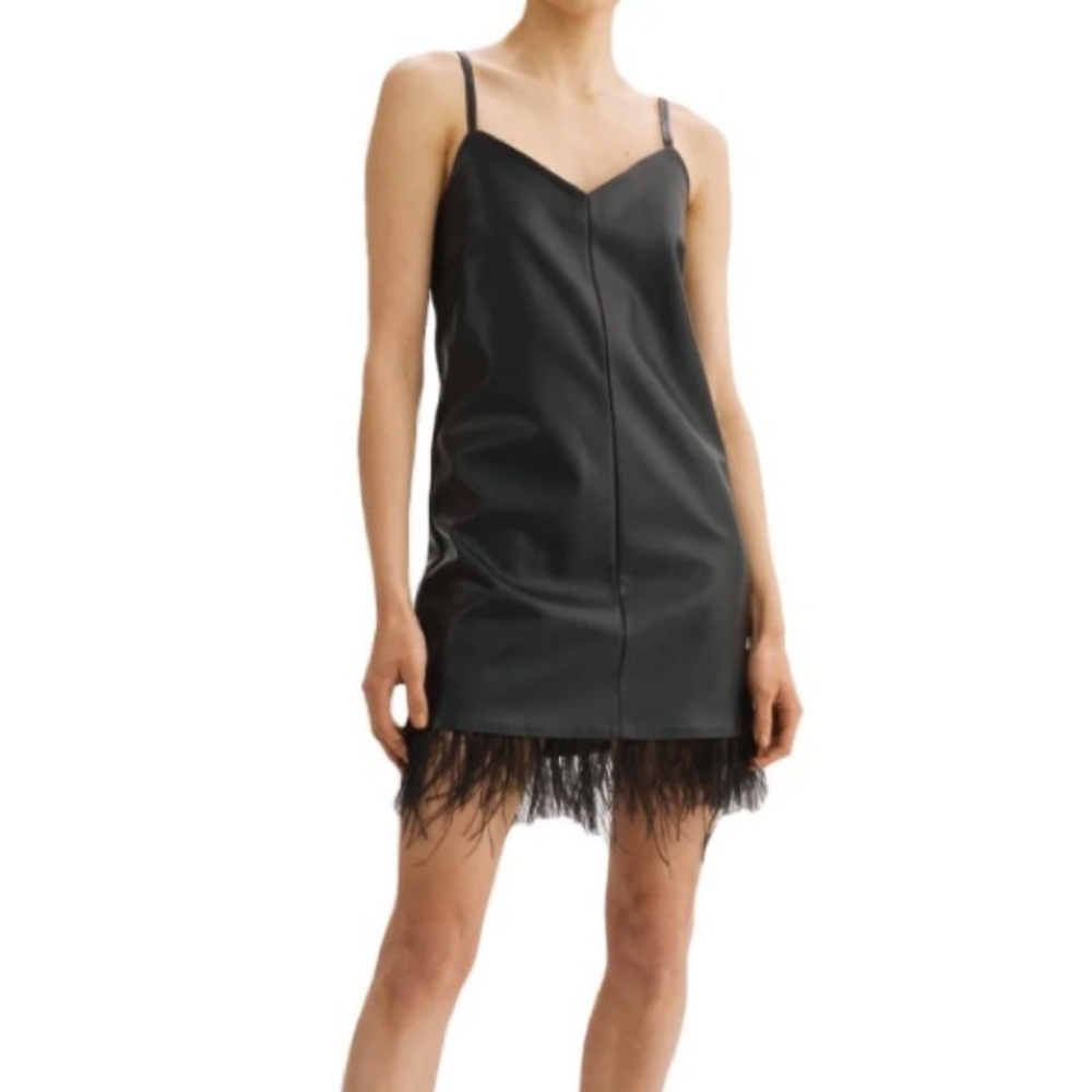 Lamarque Black Leather Mini Slip Dress with Feather Hem